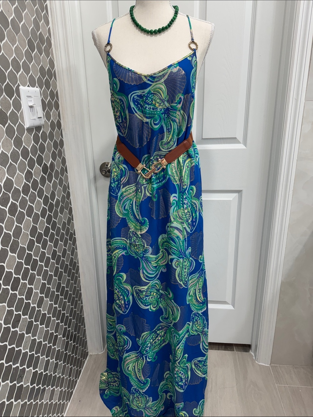 Like New ! Lilly Pulitzer Blue & Green metallic - thread Maxi Dress